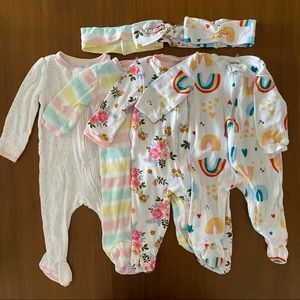 4 footie pajamas chickpea and cloud island 6-9 months with 3 headbands